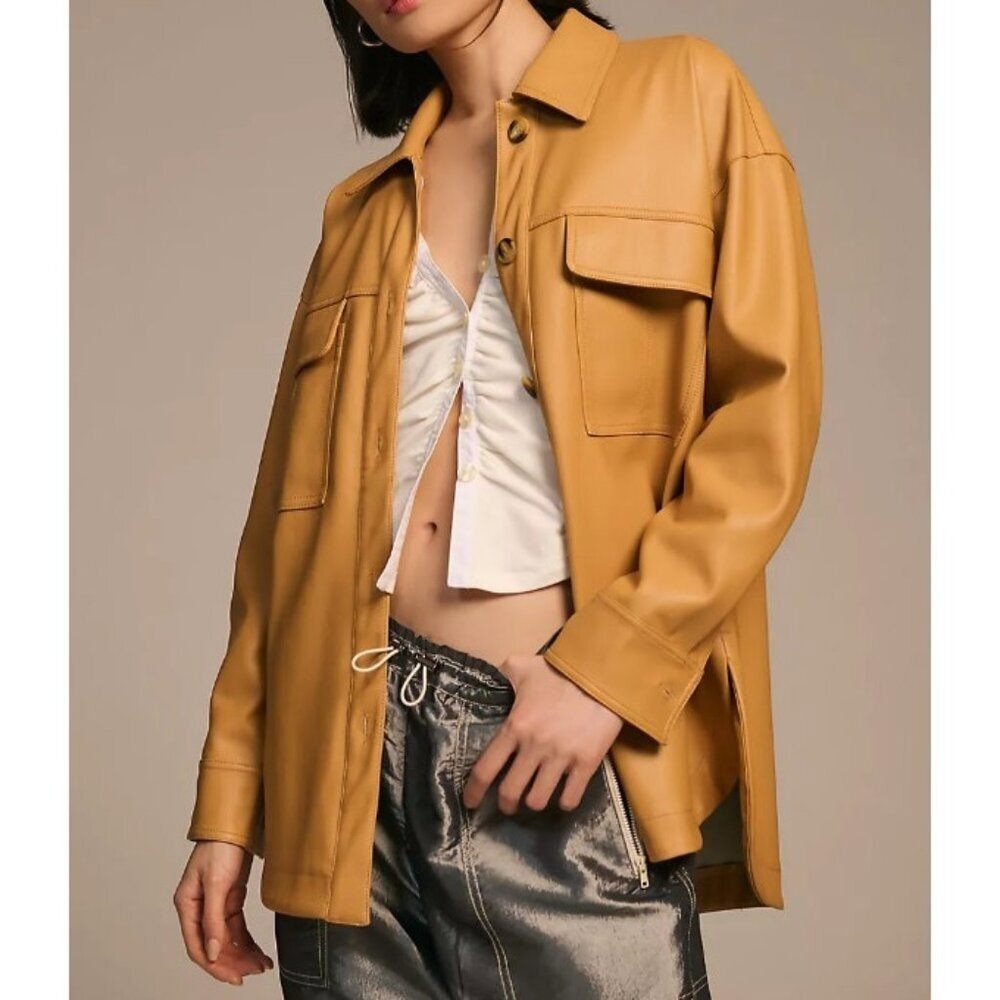 Maeve Jacket Women Extra Small Tan Faux Leather Button Down Long Sleeve Shacket